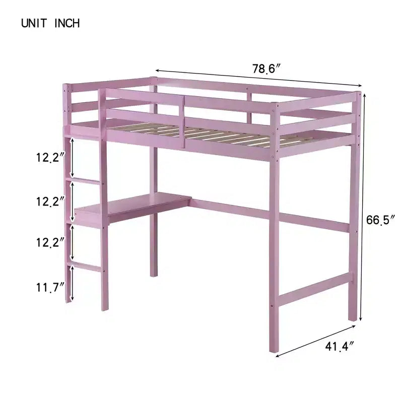 Okak Minimalism Loft Bed with Ladder, Rubber Wood Twin Loft Bed with Safety Guardrail and Build-In Desk, Bed Frames for Kids, Teenagers
