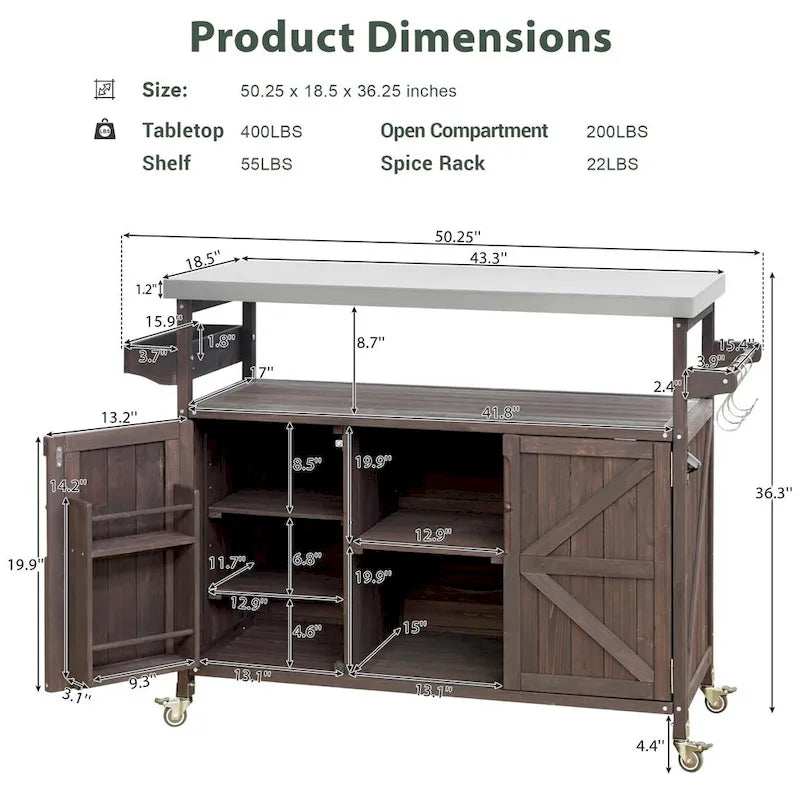 Isla de cocina para exteriores, carrito de bar con ruedas y gabinete de almacenamiento, mesa para parrilla de madera maciza con superficie de acero inoxidable, especiero y toallero