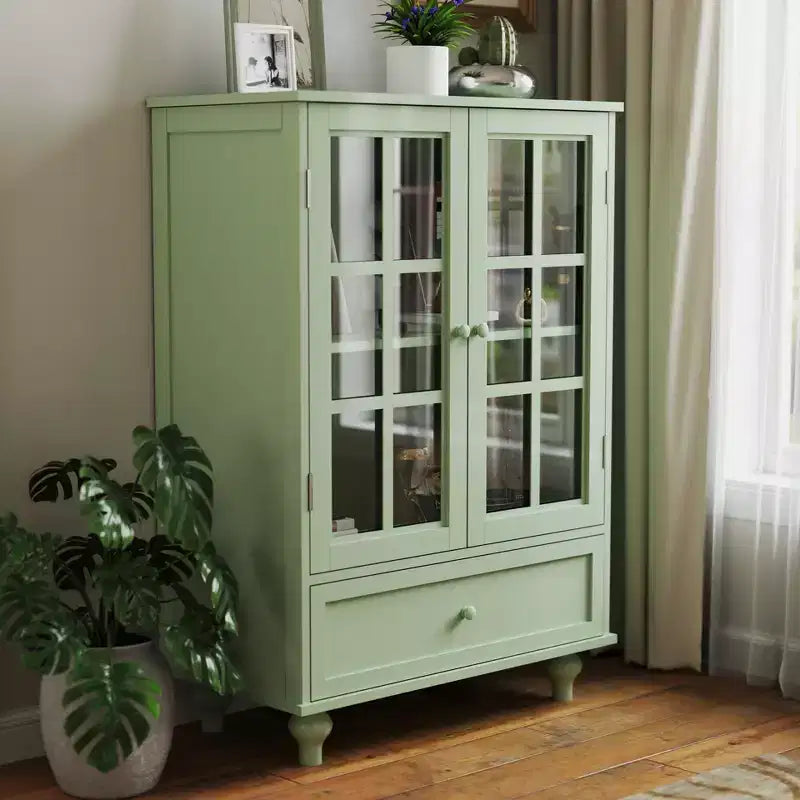 Storage Cabinets, Wooden Floor Cabinet with 1 Drawer and 2 Glass Doors, Farmhouse Sideboard Buffet Cabinet with Storage for Living Room