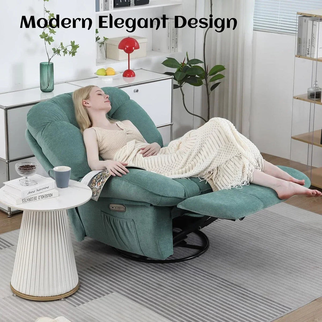 XINMICS draaibare elektrische relaxstoel, massagestoel met schommelstand, verwarming, USB, USB-C en zijvak