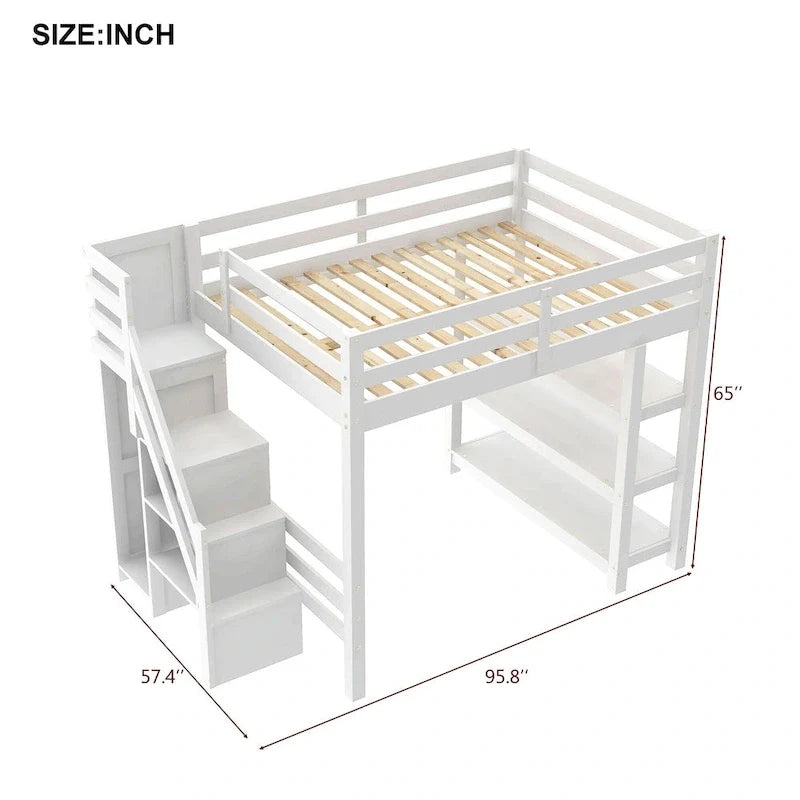 Hoch-/Etagenbett in Full-/Twin-Größe mit Stauraumtreppe – Regale, Kleiderschrank und LED-Beleuchtung, platzsparendes Design