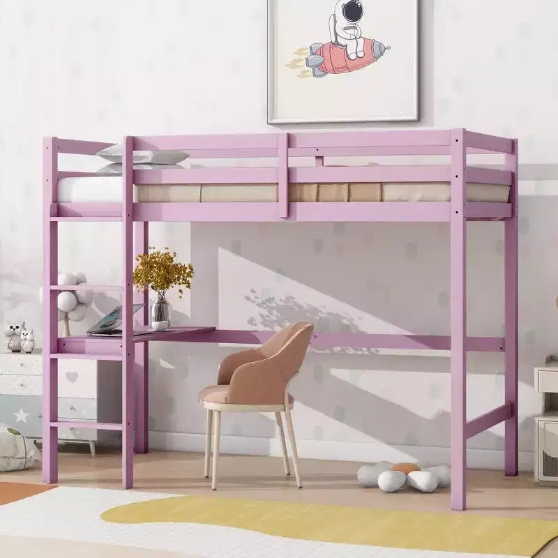 Okak Minimalism Loft Bed with Ladder, Rubber Wood Twin Loft Bed with Safety Guardrail and Build-In Desk, Bed Frames for Kids, Teenagers