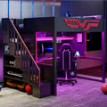 Gaming-Hochbett in Full-Größe mit Schreibtisch und LED-Beleuchtung, hölzernes Hochbett mit Treppe, Stauraumtreppe und USB-Anschluss, Rot+Schwarz