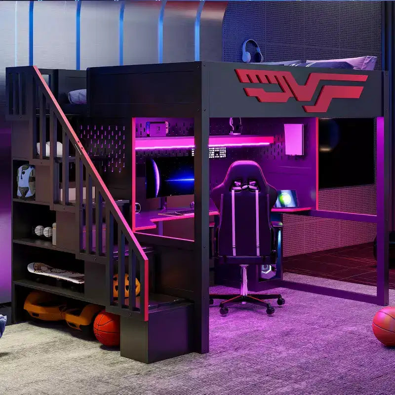 Gaming-Hochbett in Full-Größe mit Schreibtisch und LED-Beleuchtung, hölzernes Hochbett mit Treppe, Stauraumtreppe und USB-Anschluss, Rot+Schwarz