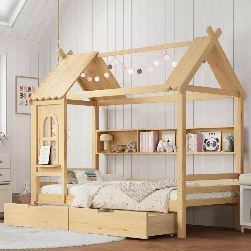 House Platform Bed with Storage Drawers and Window, Solid Wood Frame with Shelves, Childlike Fun Design, Light White