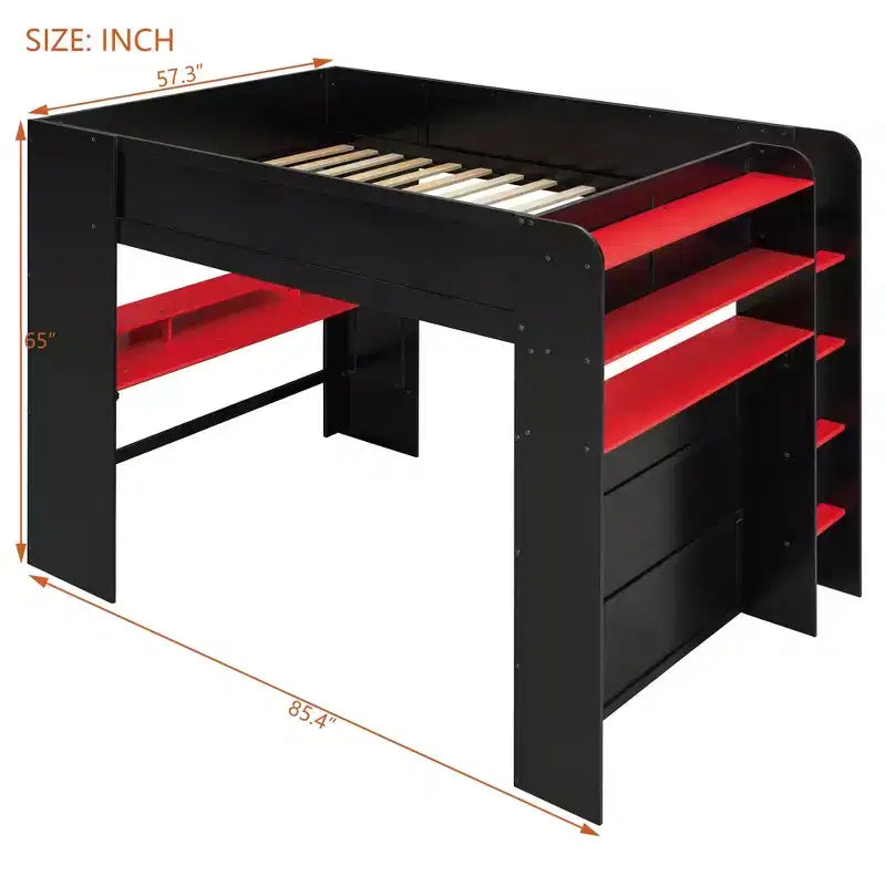 Letto a soppalco Luxystar matrimoniale con scrivania regolabile illuminata, guardaroba aperto e libreria