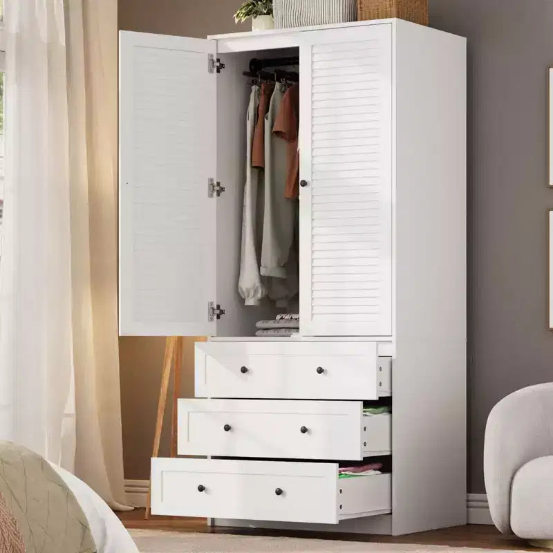 COZONY kledingkast met 3 lades en 2 deuren, moderne houten kast voor de slaapkamer, stevige witte staande kledingkast