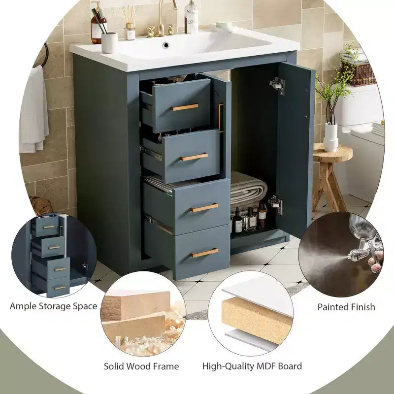 30 Single Sink Bathroom Vanity with Cabinet & 3 Drawers 鈥?Black / Blue / Green / Indigo / White