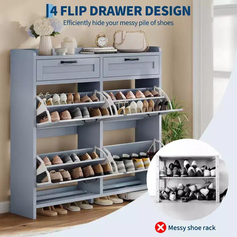 Shoe Cabinet with 4 Flip Drawers & 2 Top Drawers, Wooden Shoe Organizer Cabinet with Adjustable Shelf, Freestanding Shoe Storage Cabinets