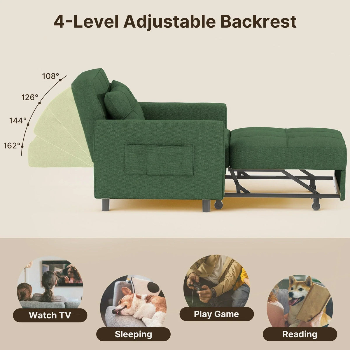 3-in-1-Schlafsofa mit verstellbarer Rückenlehne, ausziehbarer Sessel, umwandelbares Klappbett fürs Wohnzimmer
