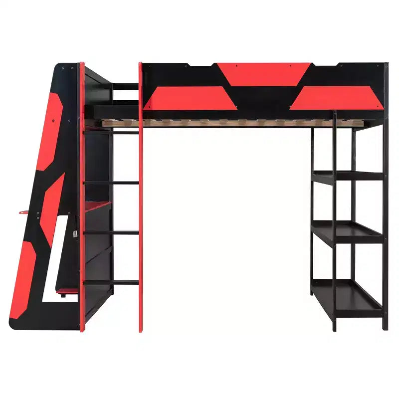 Luxystar großes Gaming-Hochbett mit Schreibtisch, Stauraumregalen und Beleuchtung