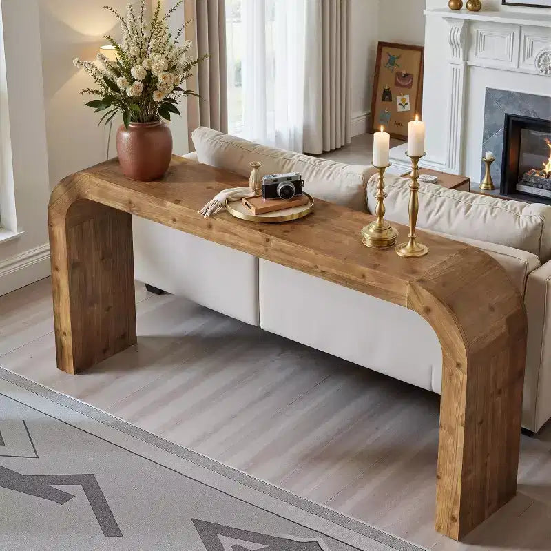 Lantine 70,87-Zoll-Konsolentisch aus Massivholz, Landhaus-Sofatisch mit abgerundeten Ecken für Flur, Wohnzimmer oder hinter dem Sofa, Naturholz