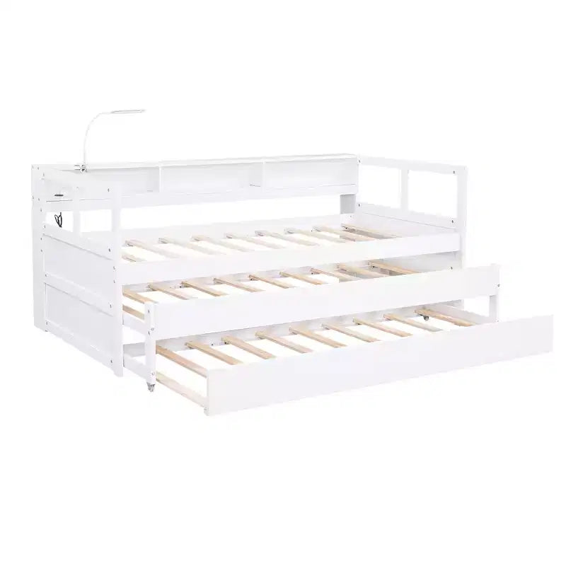 Whisen Twin XL Wood Daybed with 2 Trundles, 3 Storage Cubbies, 1 Light for Free and USB Charging Design
