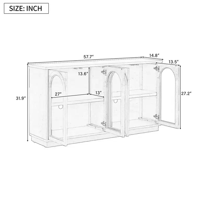 Grande buffet contenitore a 4 ante con ante in vetro, mobile ad arco con ripiani regolabili per la cucina