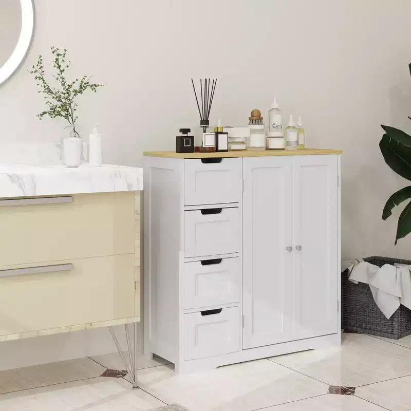 HOMCOM Badezimmer-Bodenschrank mit verstellbarem Einlegeboden, freistehender Badezimmerschrank mit 4 Schubladen und 2 Türen, weiß