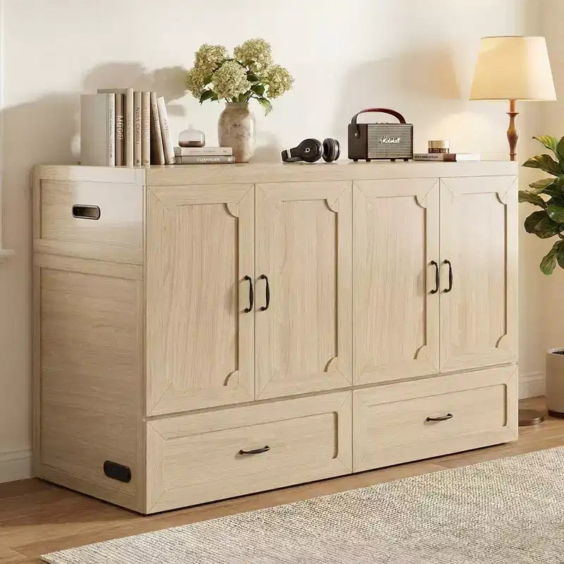 Mjkone Queen Size Convertible Murphy Cabinet Bed with USB Charging, Storage Drawers,No Mattress Included