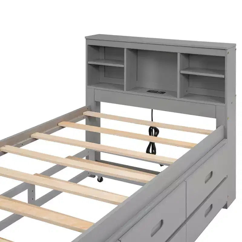 Platformbed met onderschuifbed en laden, opbergplatformbed met USB, houten platformbed met boekenkast