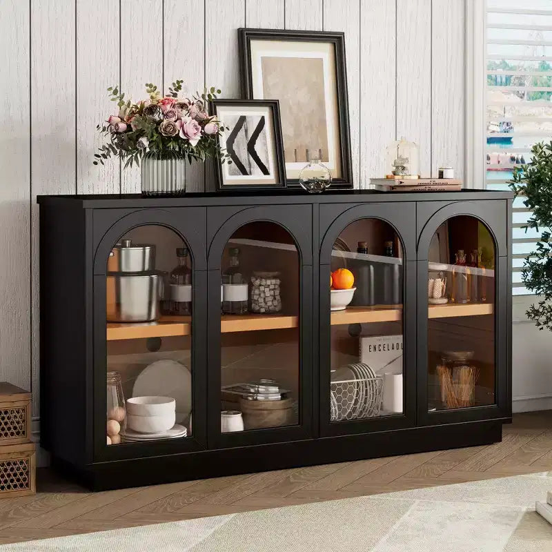 Grande buffet contenitore a 4 ante con ante in vetro, mobile ad arco con ripiani regolabili per la cucina