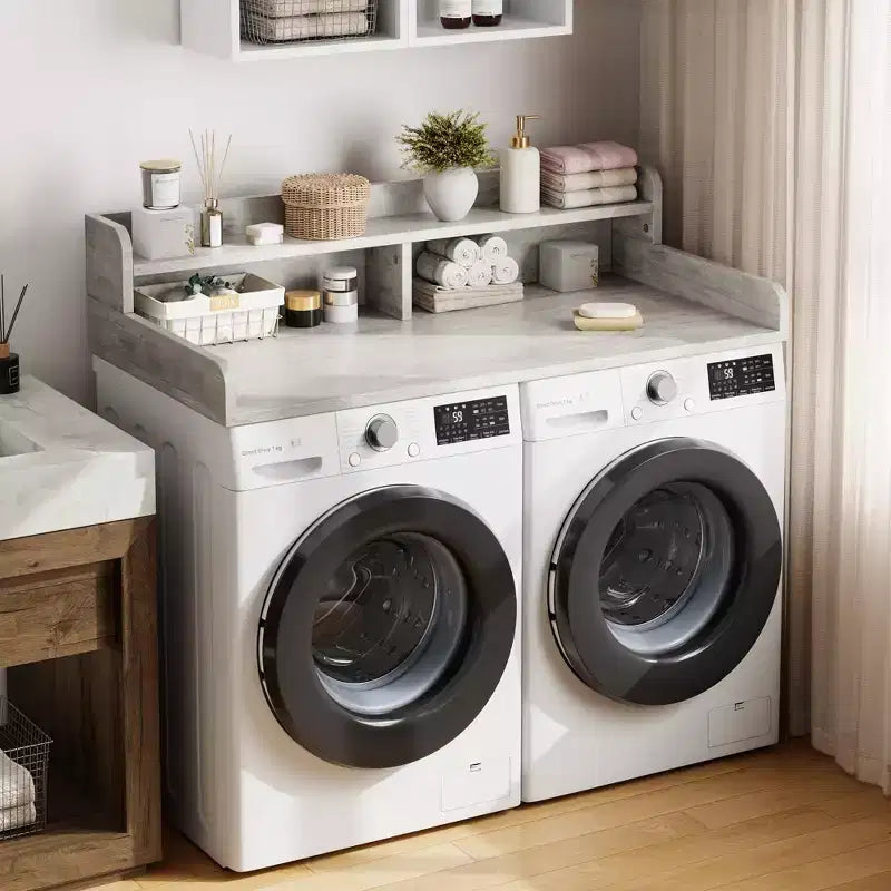 Houten opzetblad voor wasmachine en droger, 54 inch aanrechtblad voor de wasruimte met opbergplank met 2 niveaus, antislip werkoppervlak met opstaande randen voor een georganiseerde wasruimte