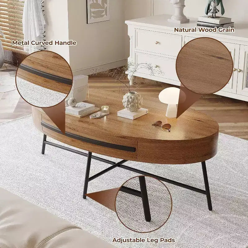 Acekool Oval Coffee Table with Drawer, 47.2 Wooden Storage Table with Cross Metal Legs  Mid-Century Modern Center Table in Natural & Golden Willow