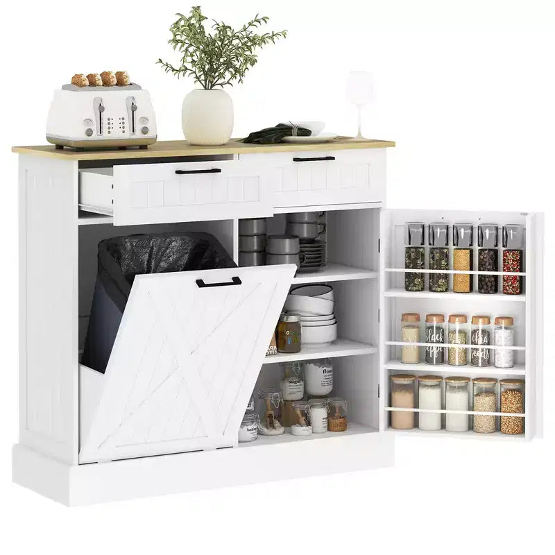 HOMCOM keukenkast voor afvalbak met kanteldeur en laden, landelijke keukenkast met verborgen afvalbak voor de keuken