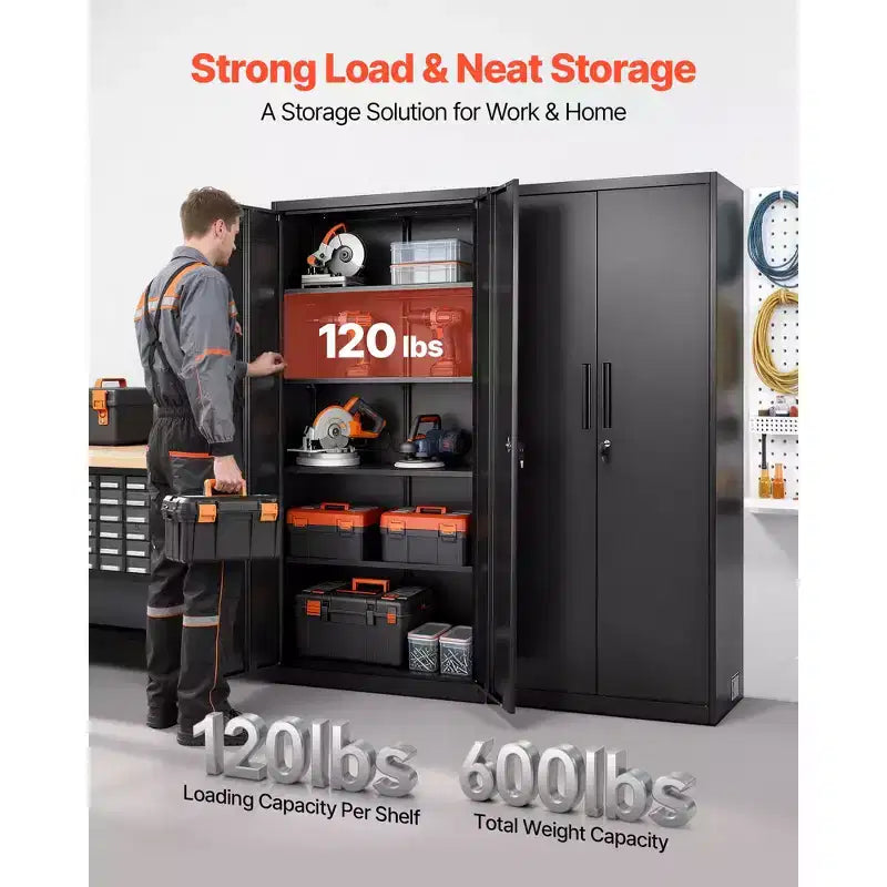VEVOR Metallschrank, 175 cm hoher abschließbarer Stahlschrank für die Garage mit 4 verstellbaren Regalböden, 2 Magnettüren, 2 Schlüsseln und 5 Ebenen zur Werkzeugaufbewahrung, Schwarz