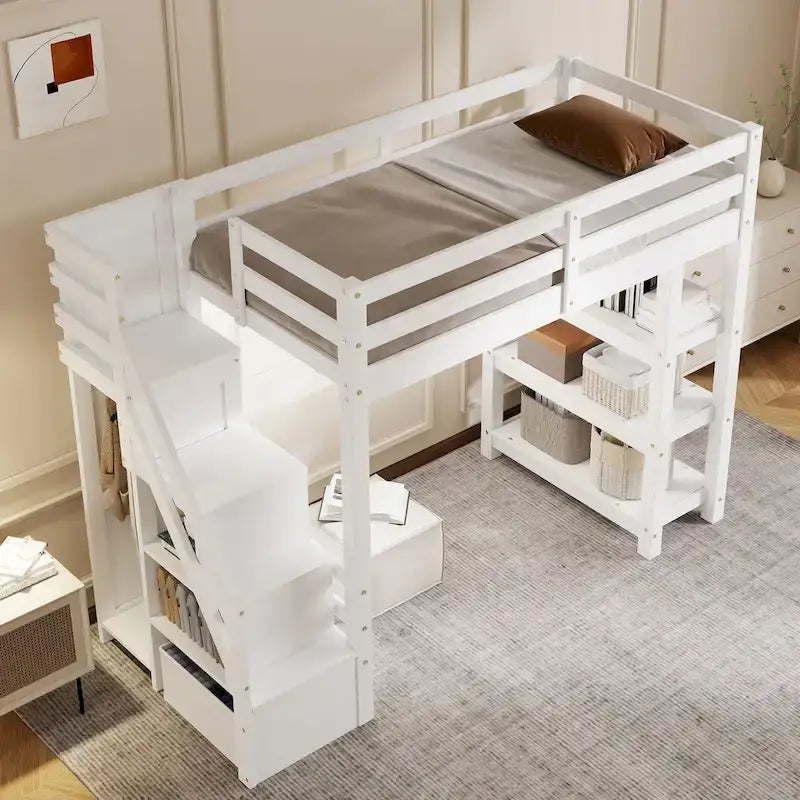 Hoch-/Etagenbett in Full-/Twin-Größe mit Stauraumtreppe – Regale, Kleiderschrank und LED-Beleuchtung, platzsparendes Design