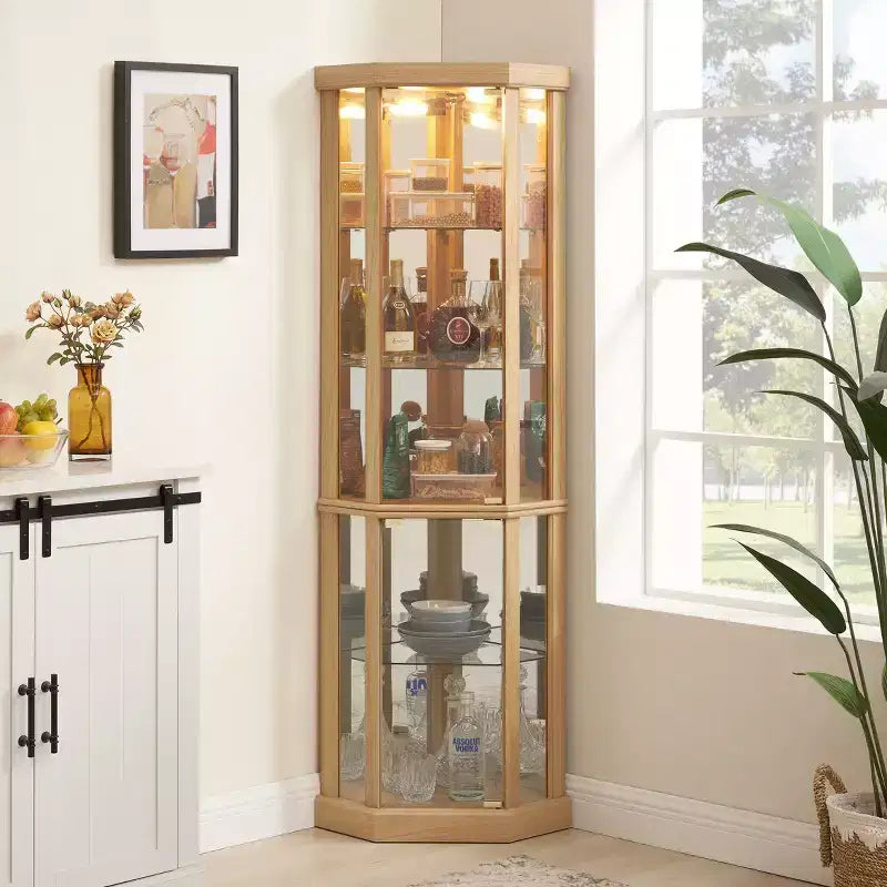 Hoekvitrinekast met glazen deuren en planken, hoekvitrine voor woonkamer