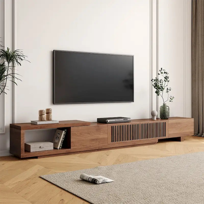 Meuble TV moderne rétractable et extensible avec 4 tiroirs, jusqu’à 103 pouces – 78.54P x 15.74L x 13.78H