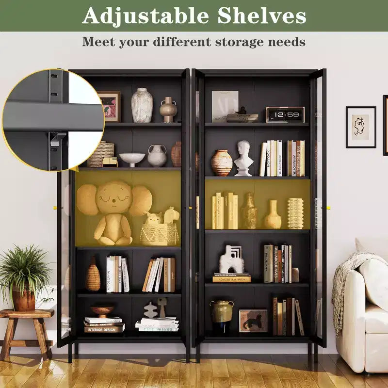Bekrvio 67 inch hoge vitrinekast met glas aan 3 zijden en ledverlichting, 5 opberglagen met dubbele deuren en metalen frame voor verzamelobjecten, ideaal voor kleine ruimtes