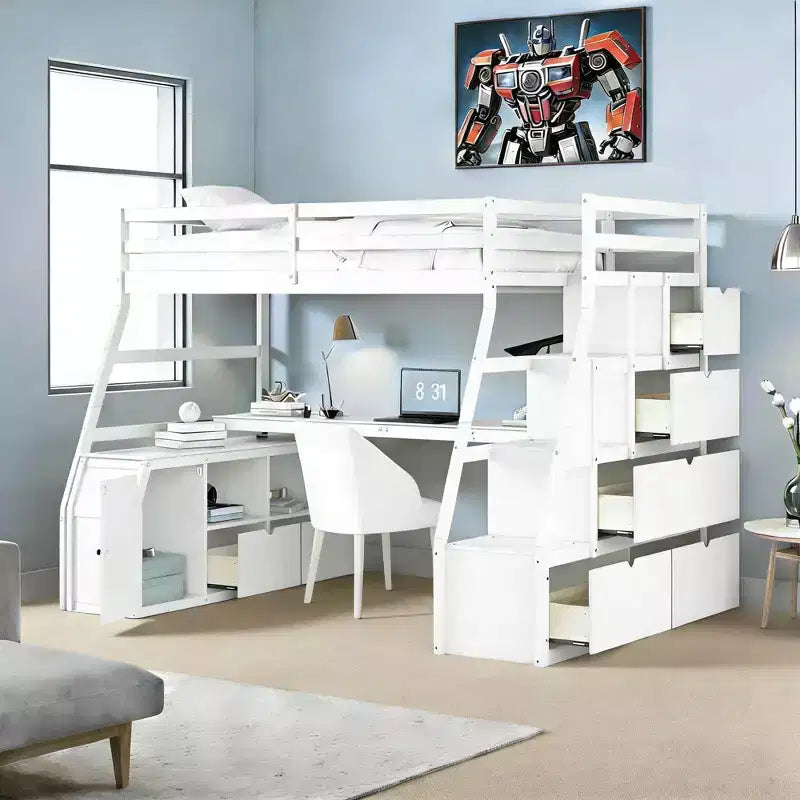 Twin Size Loft Bed with 7 Drawers, 2 Shelves, Cabinet and Desk for Kids and Teens