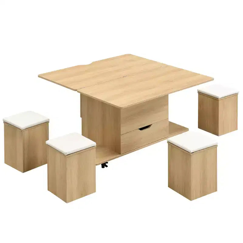 Table basse moderne multifonctionnelle relevable avec rangement dissimulé, 4 tabourets et roulettes, idéale pour les espaces de vie modernes