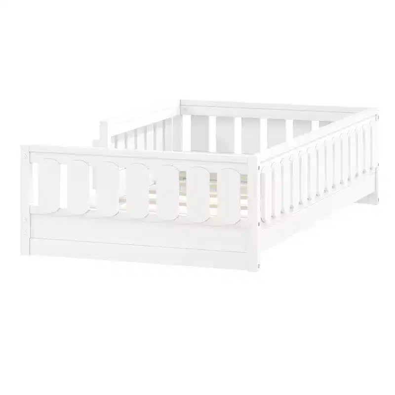 Twin and Full Size Kid Platform Bed Frame with Guardrail, Built-in Bookshelves and Storage Shelves