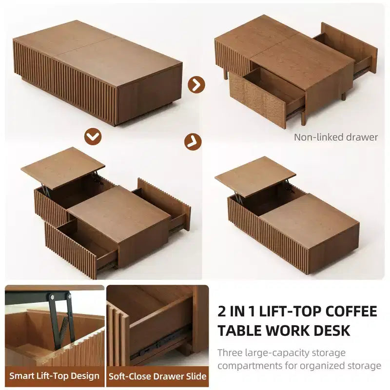 51,1 moderner Couchtisch im Mid-Century-Stil mit aufklappbarer Tischplatte, rechteckiger Walnuss-Mitteltisch für das Wohnzimmer