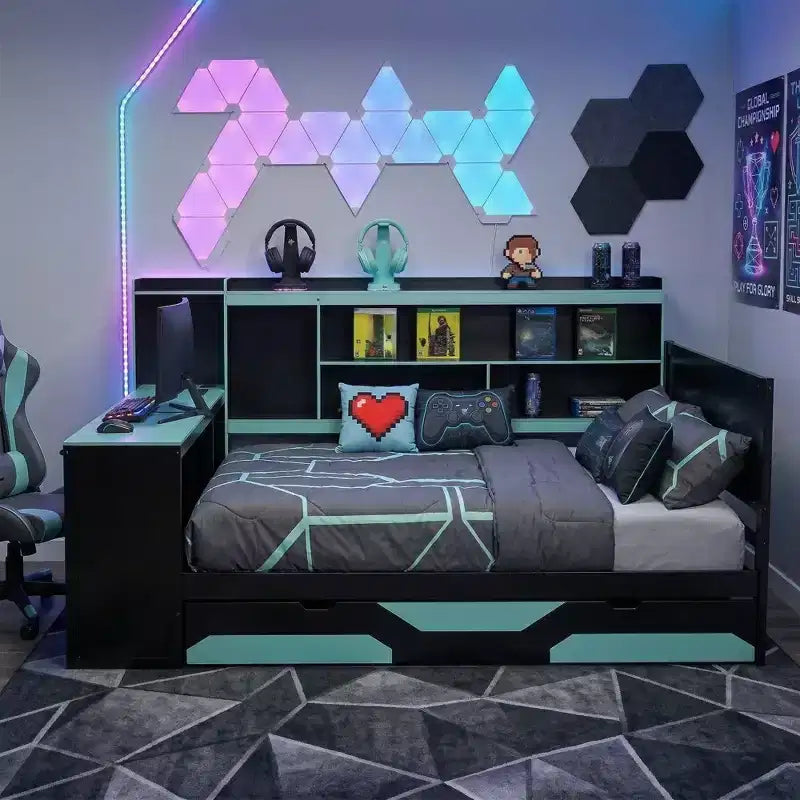 Łóżko dzienne Gamer Hub z biurkiem, oświetleniem RGB, stacją ładowania, szufladami do przechowywania i zagłówkiem z regałem na książki