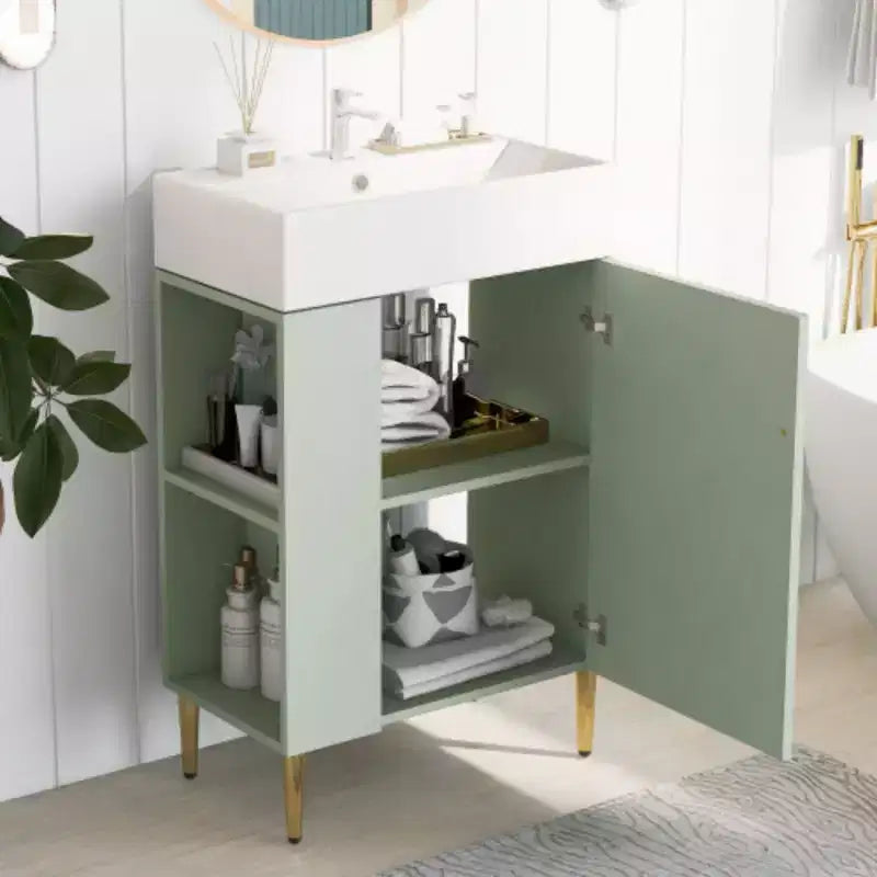 Meuble-lavabo de salle de bains blanc de 21,6, ensemble meuble, meuble de rangement de salle de bains, lavabo simple en céramique, rangement à gauche