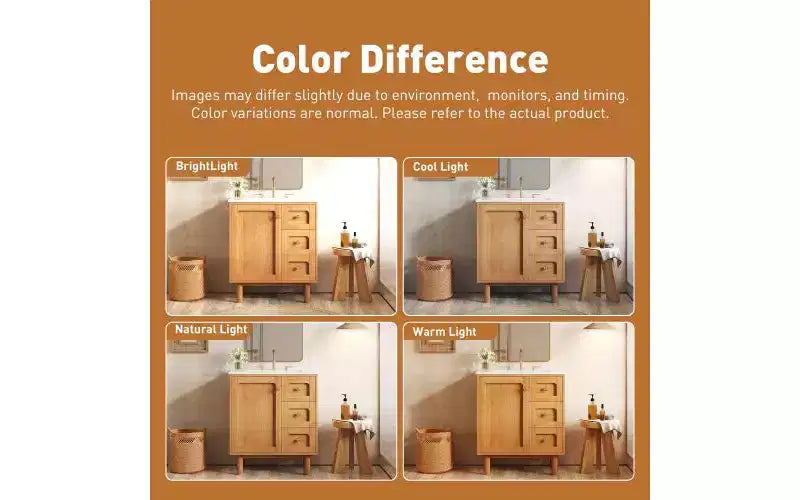 JVNOXK 30-inch Rustic Modern Ceramic Vanity Cabinet with 3 Drawers and 1 Large Soft-Close Door, Storage Cabinet, Natural Wood Grain