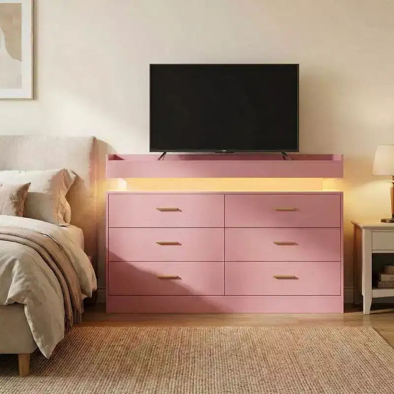 Moderne tv-meubel met 6 laden en ledverlichting, zwevend aanrechtblad en koffiebar voor entertainment in de woonkamer
