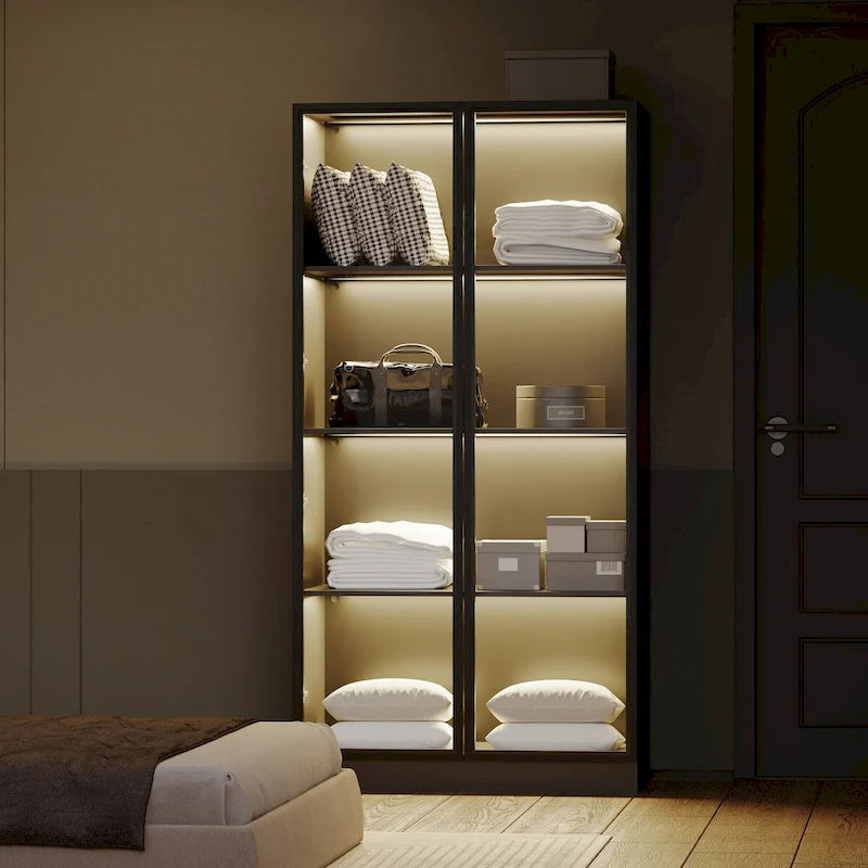 Vitrine de rangement, vitrine avec portes en verre trempé, présentoir avec 4 étagères de rangement