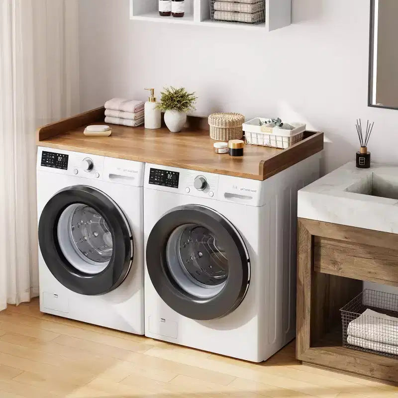 Aanrechtblad voor wasmachine en droger, wasruimteblad met opstaande rand en antislipmat voor opbergruimte voor wasmanden en organisatie van de wasruimte