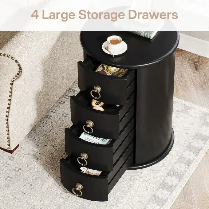 No Assembly Solid Wood End Table, Vintage Round Side Drawers Table