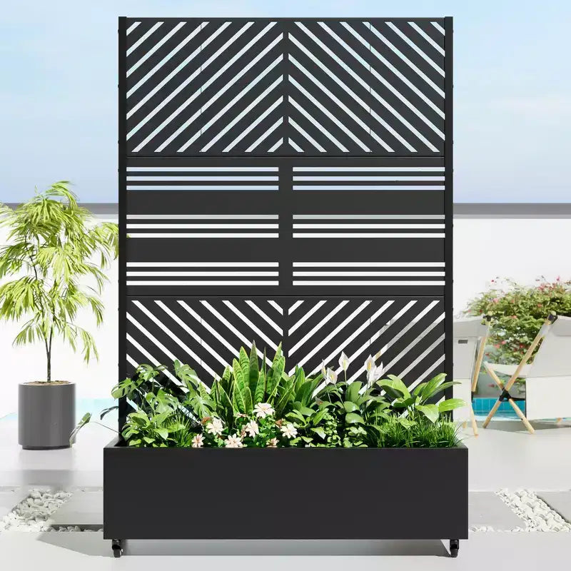 MAYEERTY Pflanzkasten mit Rankgitter, Eisen, Schwarz, Parallel Line 01, Lamellen-Design, klassischer kombinierter Stil, 72x47x16in, 3-teiliges Set