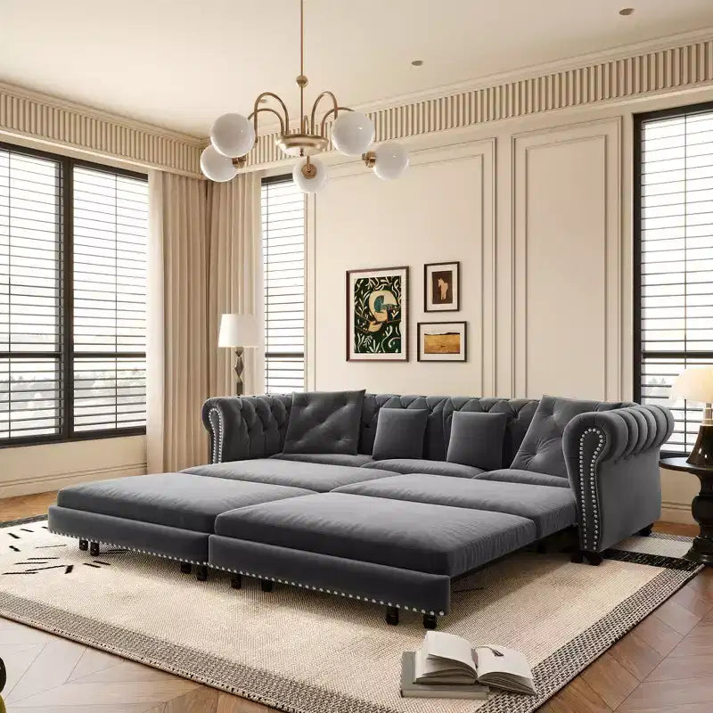 Whisen Samt-Schlafsofa in King-Size mit Ausziehfunktion und 3-in-1-Funktion, wandelbares Schlafsofa mit beweglichem Hocker und Steppdesign