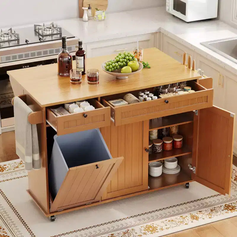 55 Mobile Island Table with Power Outlet & Drop Leaf, Kitchen Rolling Island Kitchen Island Cart with Trash Storage Cabinet for Kitchen