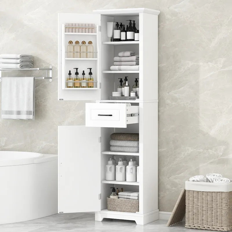 Freistehender Badezimmerschrank mit 2 Türen, verstellbaren Einlegeböden und Türablage, hoher Badorganizer