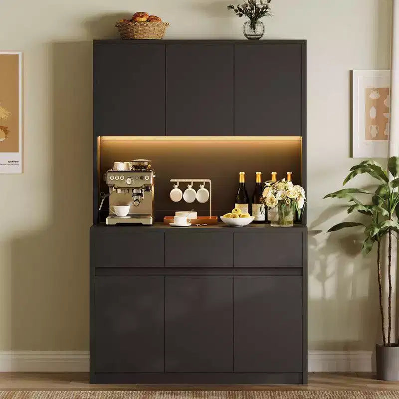71 inch Kitchen Pantry Cabinet, Hutch Storage with Led Lights and Power Outlets, Buffet Cabinet with Microwave Stand, Adjustable Shelves