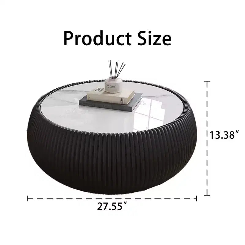 Okak Modern Round Drum Shape Coffee Table with Marble Top & Leather Side,Fashionable Center Table for Living Room,Bedroom