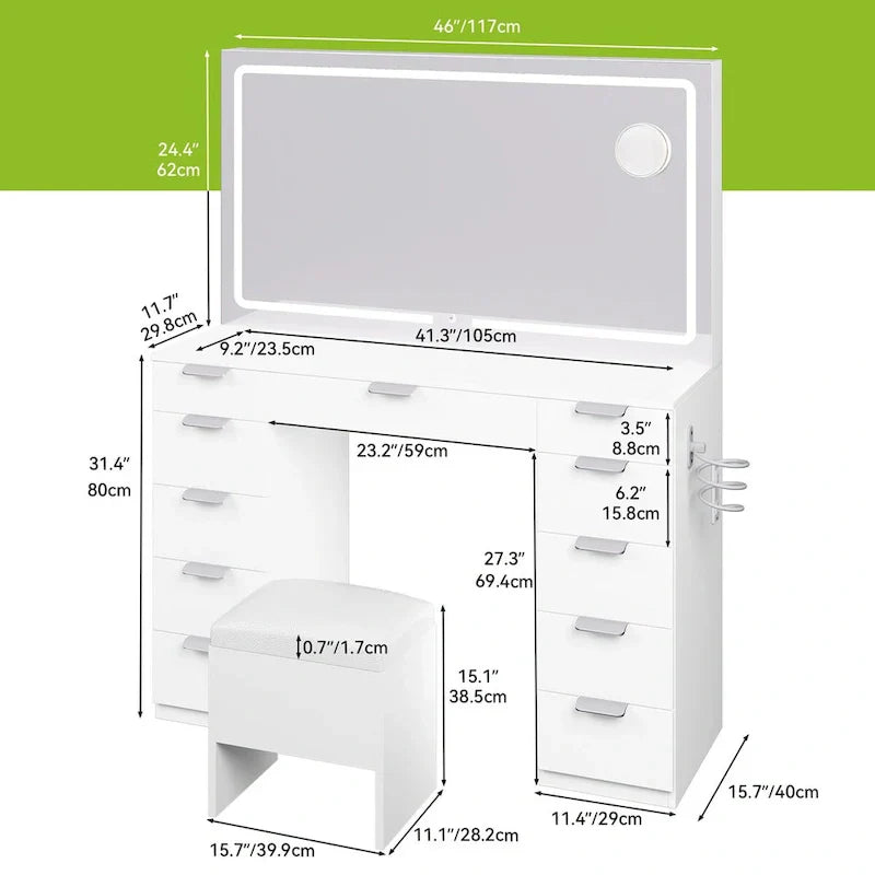 Moasis 46 kaptafel met ingebouwd stopcontact, verlichte spiegel en föhnrek - 55.8 H X 46 W X 11.7 D