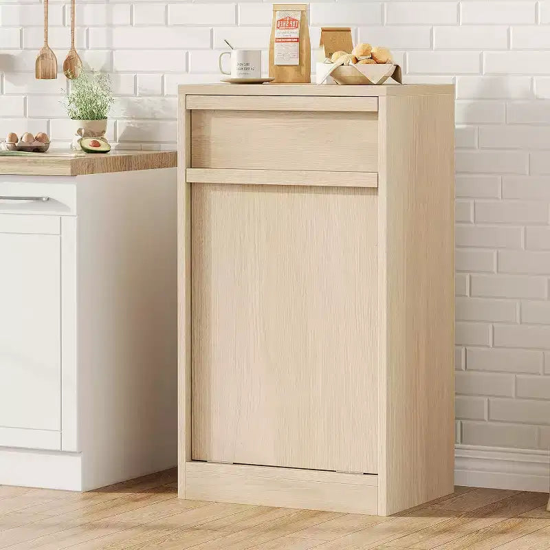 Tiltable Trash Can, Natural Oak, Trash Can with Storage and Drawer, Hidden Trash Cabinet, Laundry Basket for Kitchen, Dining Room, Living Room