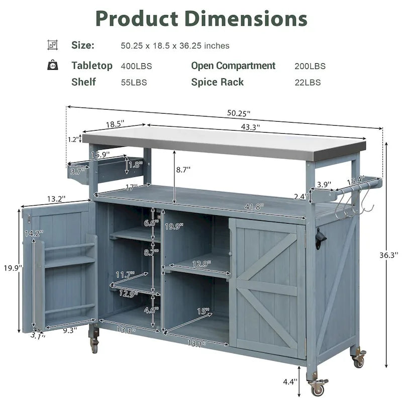 Isla de cocina para exteriores, carrito de bar con ruedas y gabinete de almacenamiento, mesa para parrilla de madera maciza con superficie de acero inoxidable, especiero y toallero